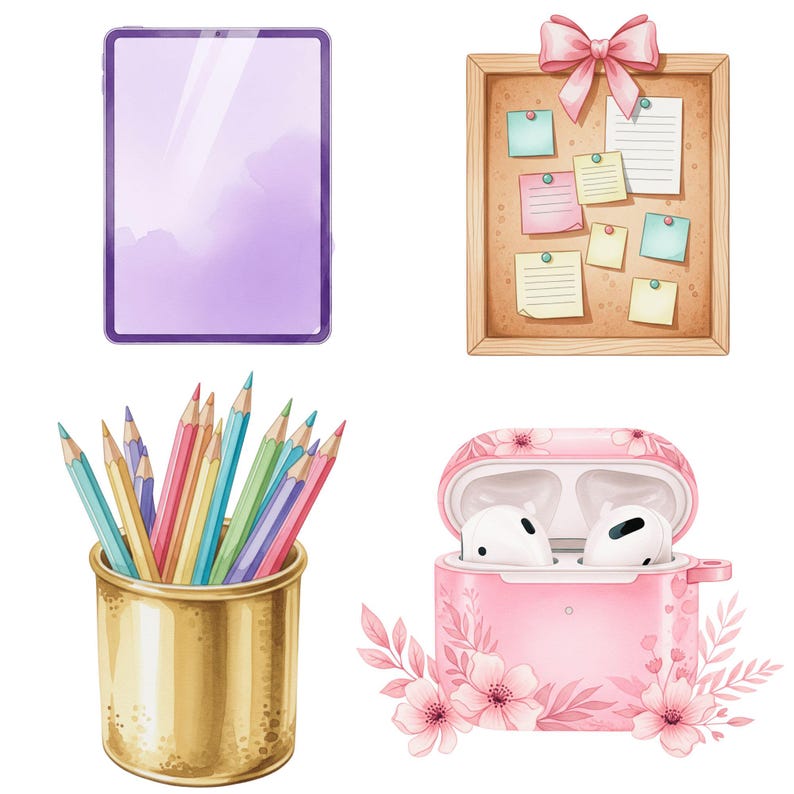 Teacher clipart elements with notebooks, books, and school accessories in soft colors