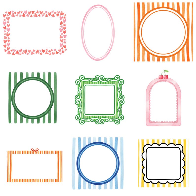 Watercolor whimsical frames with playful hand drawn borders and decorative shapes, perfect for invitation cards, printable decorations, and digital craft projects.