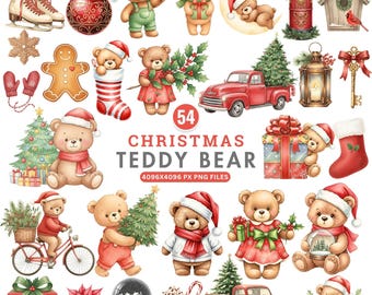 May include: A collection of watercolor Christmas-themed illustrations featuring teddy bears in Santa hats, holding gifts, and riding bicycles. Includes a red pickup truck, Christmas trees, ornaments, and a snow globe. The text reads "Christmas Teddy Bear".