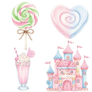 Cute candyland elements in soft pastel watercolor style including cupcakes, gummy bears, and cotton candy for DIY projects