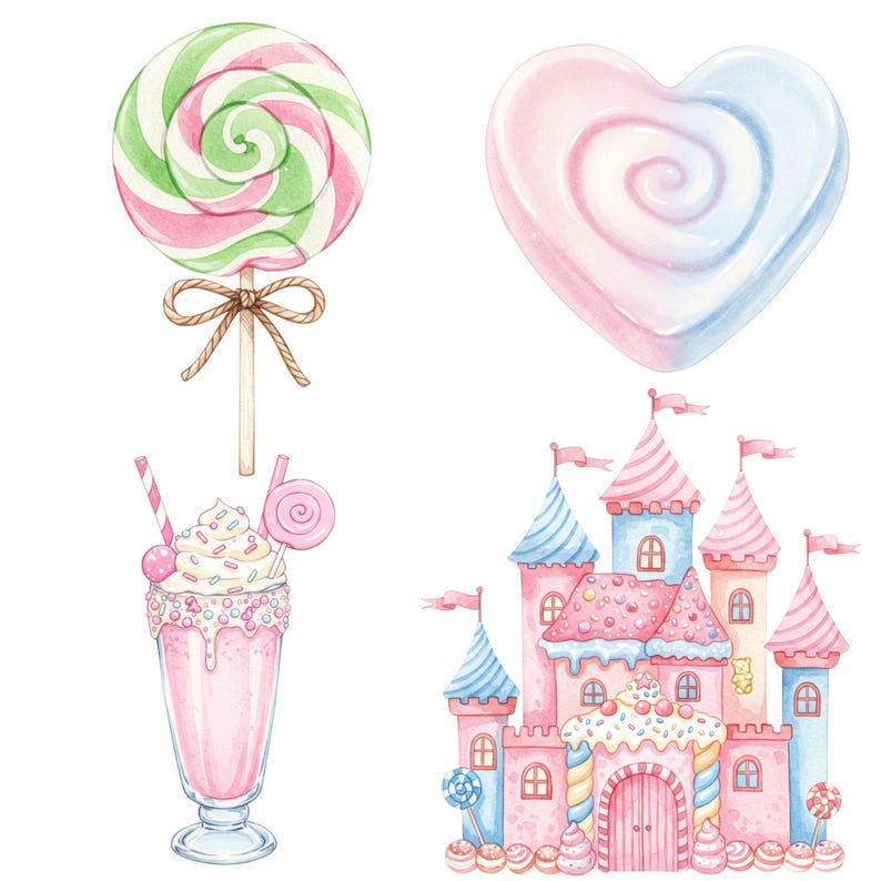 Cute candyland elements in soft pastel watercolor style including cupcakes, gummy bears, and cotton candy for DIY projects