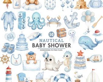 Nautical Baby Shower Clipart, Nautical Nursery, Watercolor Sailor Teddy Bear PNG, Under The Sea Animals Png, Whale Clipart, Boy Nursery Art