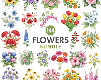 Watercolor Flower Clipart Bundle, Wildflowers Clipart, Floral Bouquets PNG, Wedding Flowers PNG, Spring Flower Clipart, Commercial Use