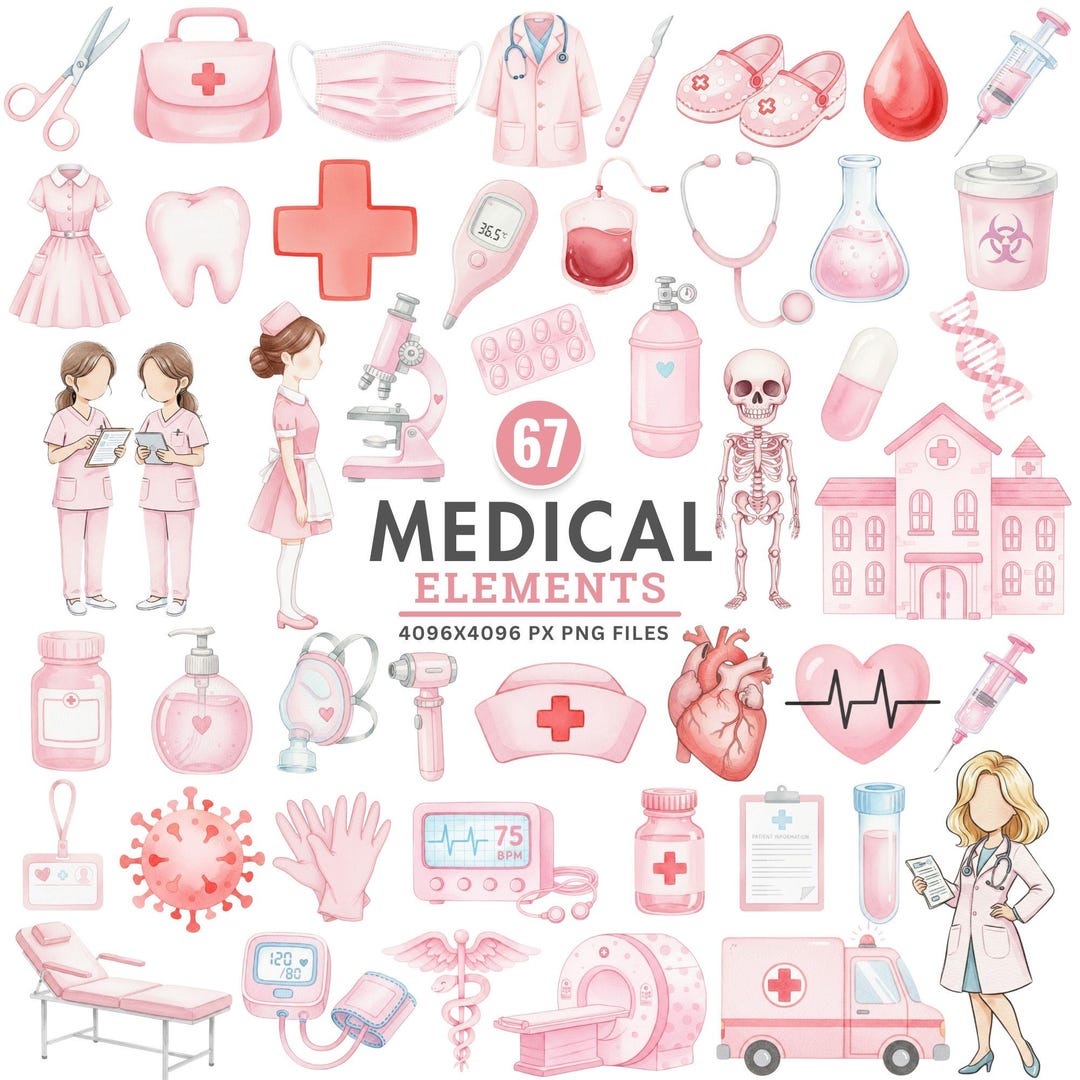 Watercolor Medical Clipart, Pink Medical Elements, Pastel Nurse PNG ...