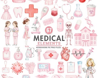 Imágenes prediseñadas médicas en acuarela, elementos médicos rosas, enfermera en tonos pastel PNG, gráficos de atención médica, estetoscopio, jeringa, vendaje, arte digital de hospital