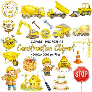 Cute Kids Construction Clipart, Baby Boy Truck PNG, Watercolor Dump Truck, Excavator, Bulldozer, Nursery Decor, Birthday Party Clipart