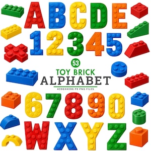 Pode incluir: Uma coleção digital de 53 letras e números de blocos de montar em vermelho, azul, amarelo, verde e laranja. O conjunto inclui caracteres individuais e várias formas de blocos, com o texto TOY BRICK ALPHABET 4096X4096 PX PNG FILES.