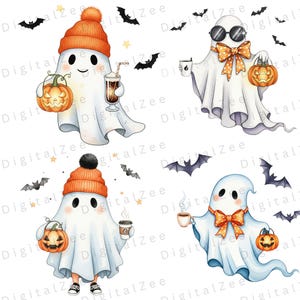 Digital watercolor ghost images for Halloween crafts, featuring cute spooky designs for kids Halloween party decorations and clipart bundles.