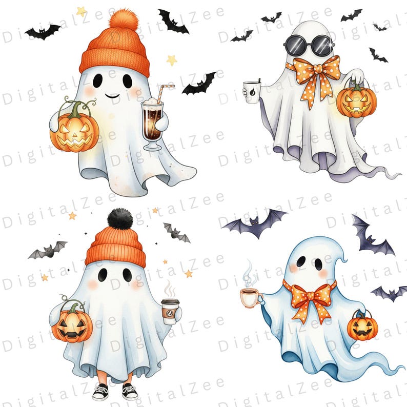 Digital watercolor ghost images for Halloween crafts, featuring cute spooky designs for kids Halloween party decorations and clipart bundles.