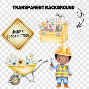Nursery construction clipart set with watercolor trucks and equipment in cute cartoon style, perfect for kids crafts and party designs