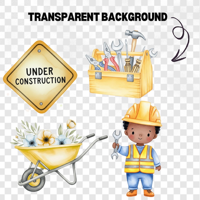 Nursery construction clipart set with watercolor trucks and equipment in cute cartoon style, perfect for kids crafts and party designs