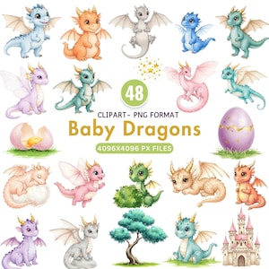 Clipart bébé dragon, lot de Dragons fantastiques aquarelle mignon, créatures magiques volantes PNG, conte de fées château chambre d'enfant Art enfants Sublimation