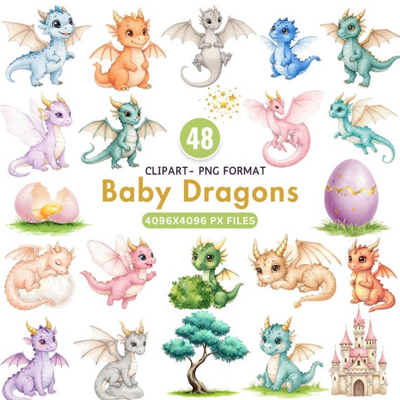 ベビードラゴンのクリップアート、かわいい水彩画のファンタジー