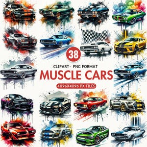 Könnte beinhalten: Eine Sammlung von 38 Aquarell-Illustrationen klassischer amerikanischer Muscle Cars. Die Autos sind in verschiedenen Farben und Posen dargestellt, mit Aquarellspritzer um sie herum. Der Text "CLIPART - PNG FORMAT MUSCLE CARS 4096X4096 PX FILES" wird unter den Bildern angezeigt.