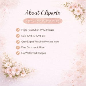 May include: A digital information graphic titled About Cliparts featuring pale pink floral accents. Text includes 4096 x 4096 PX PNG FILES, High-Resolution PNG Images, Size 4096 X 4096 px, Only Digital Files No Physical Item, Free Commercial Use, No Watermark Images.