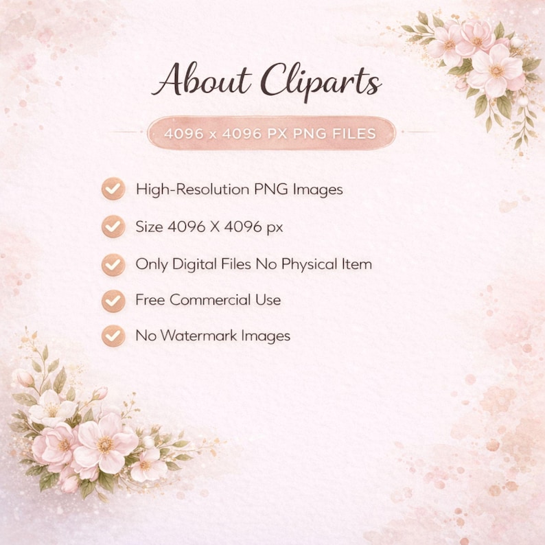 May include: A digital information graphic titled About Cliparts featuring pale pink floral accents. Text includes 4096 x 4096 PX PNG FILES, High-Resolution PNG Images, Size 4096 X 4096 px, Only Digital Files No Physical Item, Free Commercial Use, No Watermark Images.