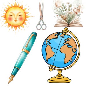 Classroom supply illustrations in kawaii style for digital designs and teacher projects