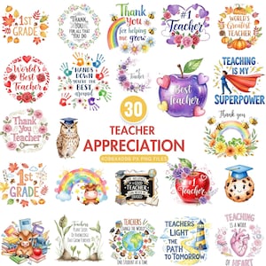 Lehrer Wertschätzung Clipart Bundle, Aquarell Lehrer PNGs, Sublimation Clipart, Bunte Lehrer Kunst, kommerzielle Nutzung, Sofort Download