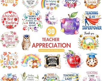 Teacher Appreciation Clipart Bundle, Watercolor Teacher PNGs, Sublimation Clipart, Colorful Teacher Art, Commercial Use, Instant Download