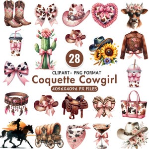 Clipart di Cowgirl Coquette, estetica occidentale, fiocco rosa da cowgirl, PNG, illustrazione di mucca delle Highland, stivali da cowboy, stile ragazza morbida, download digitale