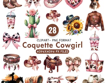 Kokette Cowgirl Clipart Western Ästhetik Pink Cowgirl Schleife PNG Highland Kuh Illustration Cowboystiefel weiches Mädchen Stil Digitaler Download