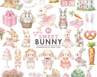 Watercolor Bunny Clipart, Ballerina Bunny PNG, Cute Easter Rabbits, Pink Floral Bunny, Baby Shower Rabbit, Nursery Animals, Commercial Use