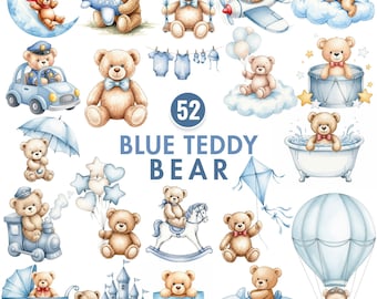 Puede incluir: Ilustraciones de acuarela de osos de peluche en varias poses y escenarios, incluyendo un coche, un avión y un globo aerostático. Los osos son de color marrón claro con detalles azules, y el texto "52 BLUE TEDDY BEAR" está presente.