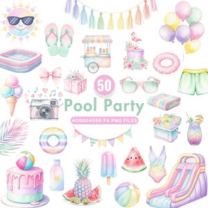Clipart de festa na piscina, clipart fofo de verão em aquarela pastel para crianças, sorvete, boias, brinquedos de piscina, festa de aniversário na praia, download instantâneo