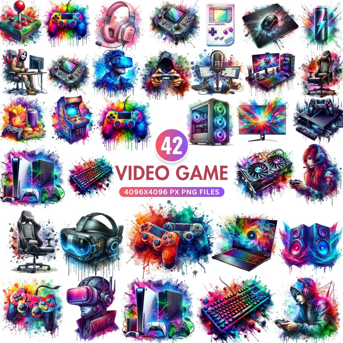 Watercolor Video Game Clipart, Gamer Controller PNG, Gaming Clipart ...