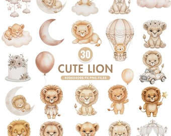 Akwarelowy lew, grafika wektorowa: Safari Nursery Art, Baby Shower PNG (natychmiastowe pobranie)
