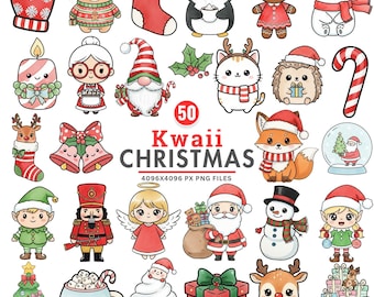 Kawaii jul Clipart, söt jul PNG, jultomten PNG, snögubbe Clipart, pepparkaka PNG, renar PNG, julklistermärken, högtid PNG
