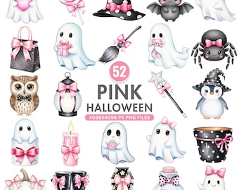 Clipart Halloween rose, fantôme mignon PNG, art citrouille pastel, graphismes Halloween kawaii, décoration girly effrayante, Halloween rétro, usage Commercial