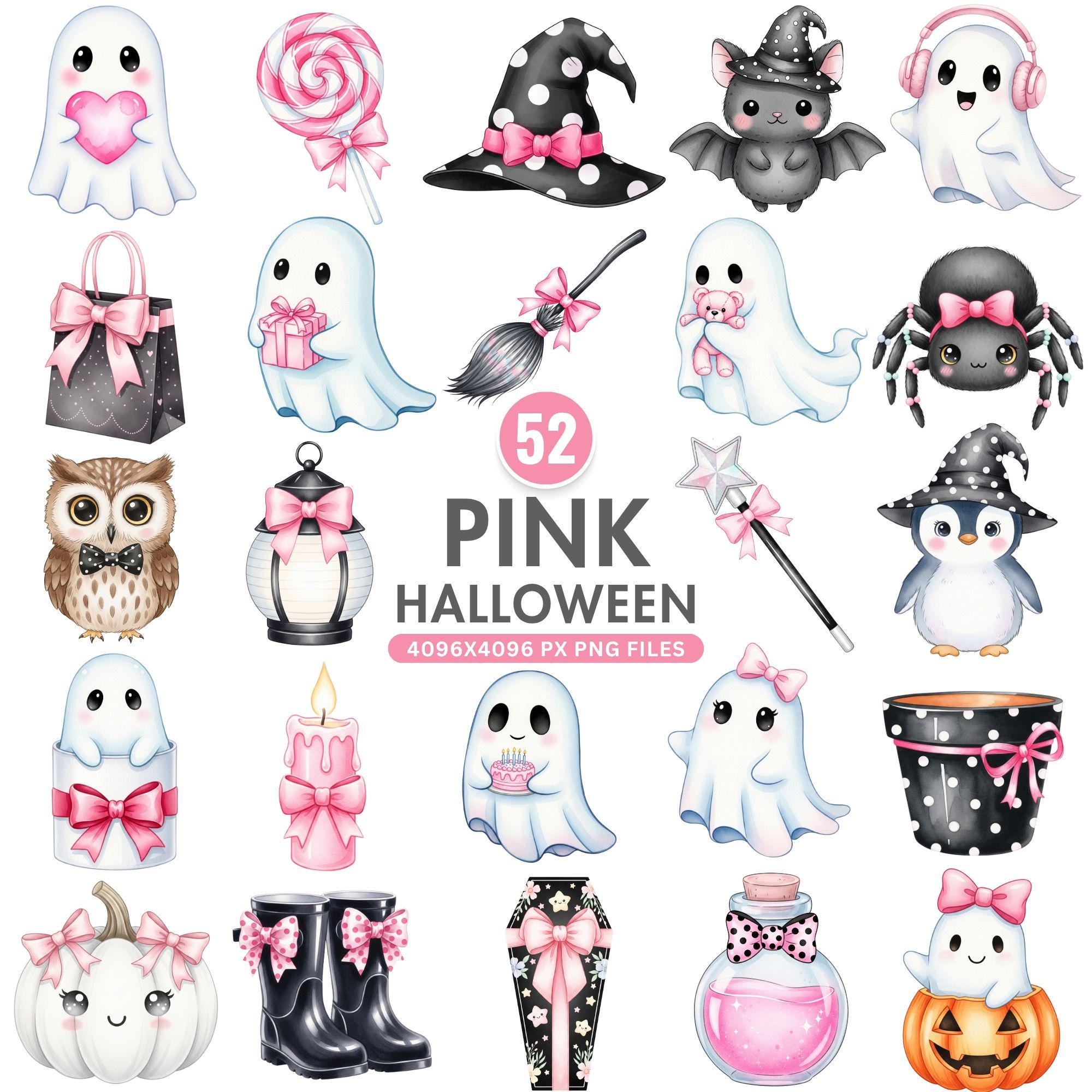 Pink Halloween Clipart, Cute Ghost PNG, Pastel Pumpkin Art, Kawaii Halloween Graphics, Girly Spooky Decor, Retro Halloween, Commercial Use