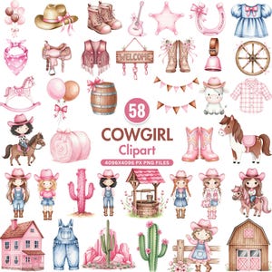 Pink Cowgirl Clipart, Cute Cowgirl PNG, Baby Girl Western Art, Cowgirl Boots Clipart, Wild West Clipart, Rodeo Party Decor, Digital Download