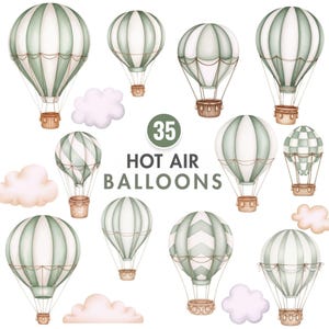 May include: A watercolour illustration featuring 35 hot air balloons in green and white, with brown baskets and light pink clouds. The balloons have various stripe and chevron patterns. Text reads "35 HOT AIR BALLOONS".