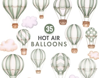 Clipart di mongolfiera verde, clipart di trasporto aereo, palloncini e nuvole png, clipart di neonato acquerello, decorazioni per la cameretta dei bambini, download istantaneo