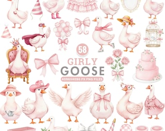 Pink Silly Goose PNG, Girly Goose Clipart, Watercolor Goose, Coquette Nursery Decor, Baby Shower Clipart, Girl Birthday, Cottagecore Clipart