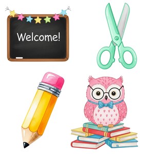 Kawaii school clipart with pastel stationery, books, and apple icons for back to school projects, sublimation, and digital downloads.