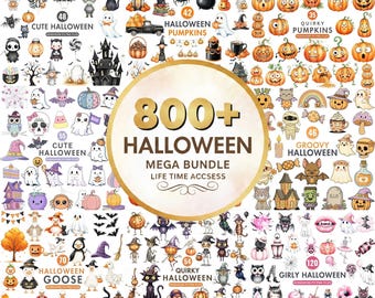 以下が含まれることがあります： ハロウィーンをテーマにしたデジタルイラストのコレクション。画像には、さまざまなカボチャ、幽霊、猫、魔女、その他の不気味なキャラクターが登場します。画像内のテキストは「800+ Halloween Mega Bundle」と表示されています。