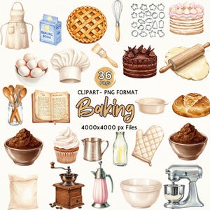 Neutral Baking Clipart PNG Bundle – Watercolor Vintage Bakery Tools – Mixer, Apron, Cookies, Desserts– Kitchen Baking Clipart Commercial Use