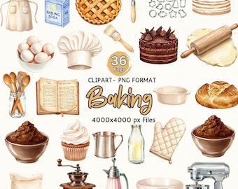 Imágenes prediseñadas de repostería en acuarela, herramientas de panadería vintage, imágenes prediseñadas de repostería de cocina neutras, delantal de batidora, galletas y postres, descarga para uso comercial
