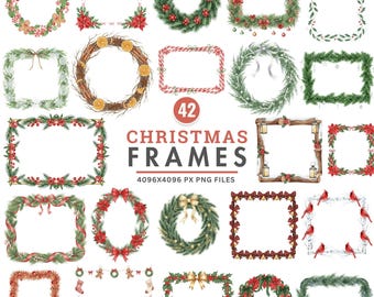 May include: A collection of 42 watercolor Christmas frames in various shapes, including wreaths and rectangular designs. The frames feature festive elements like poinsettias, berries, and pine needles. The text "CHRISTMAS FRAMES" is displayed.