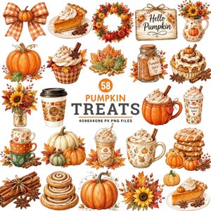 Pode incluir: Uma coleção de 58 ilustrações digitais com guloseimas de abóbora de outono, incluindo torta, lattes, cupcakes, rolinhos de canela, girassóis e abóboras, com o texto 58 PUMPKIN TREATS 4096X4096 PX PNG FILES.