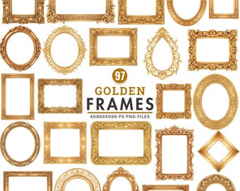 May include: A collection of 27 ornate golden frames in various shapes and sizes, including rectangular, oval, and circular designs. The image includes the text "97 GOLDEN FRAMES" and "4096x4096 PX PNG FILES".