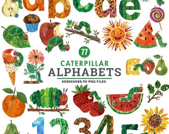 以下が含まれることがあります： 水彩イラストで描かれたアルファベット、数字、カップケーキ、リンゴ、スイカなどの食べ物。テキスト「Caterpillar Alphabets」と数字「77」が表示されています。