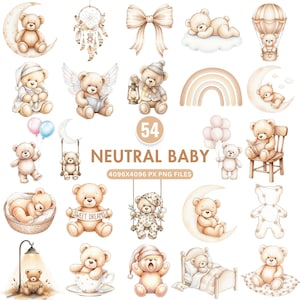 Neutral Baby Clipart, Boho Baby Shower Clipart, Watercolor Cute Teddy Bear PNG, Beige Nursery Clipart, Gender Neutral Baby, Commercial Use