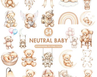 ニュートラルテディベアのクリップアート、ボヘミアンベビーシャワーのクリップアート、水彩画のかわいいテディベア、ベージュの保育園のクリップアート、ジェンダーニュートラルな赤ちゃん、商用利用