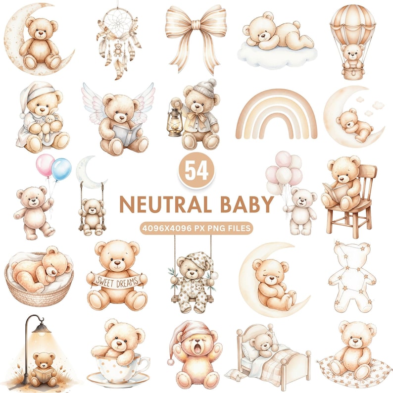 Neutral Teddy Bear Clipart, Boho Baby Shower Clipart, Watercolor Cute ...