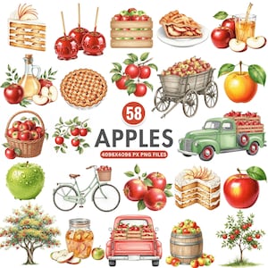May include: A watercolour illustration showcasing apple-related items. Includes toffee apples, apple pie, a green truck laden with apples, a bicycle with an apple basket, and the text "58 Apples".