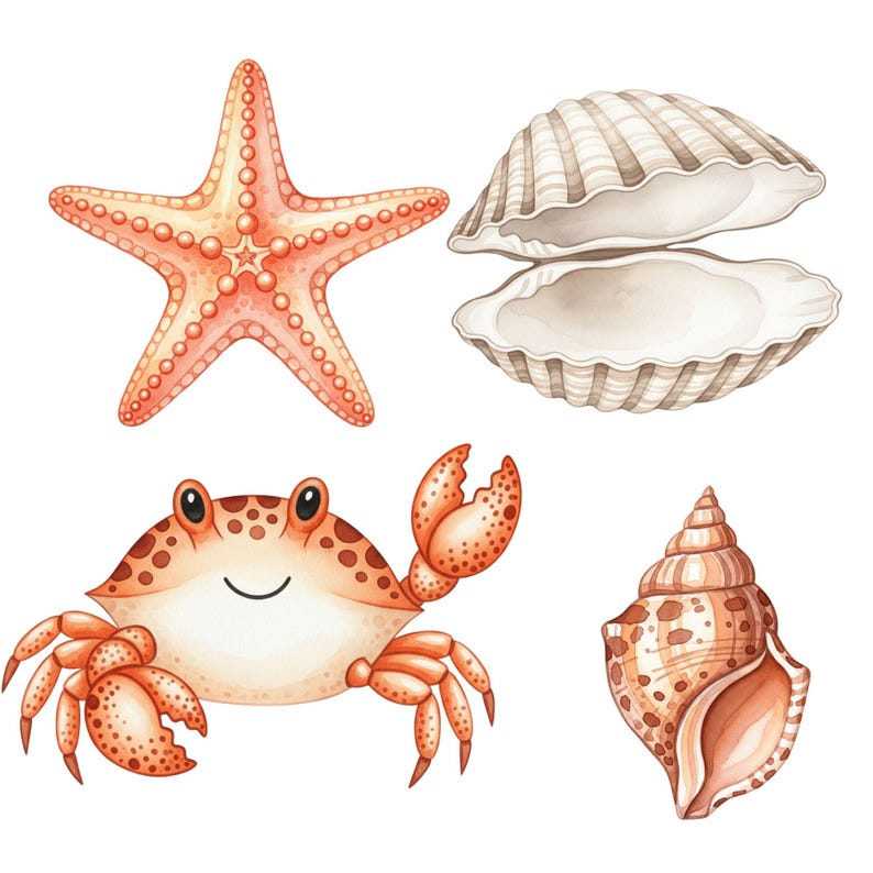 Soft watercolor ocean life clipart for baby nursery, featuring whale and jellyfish